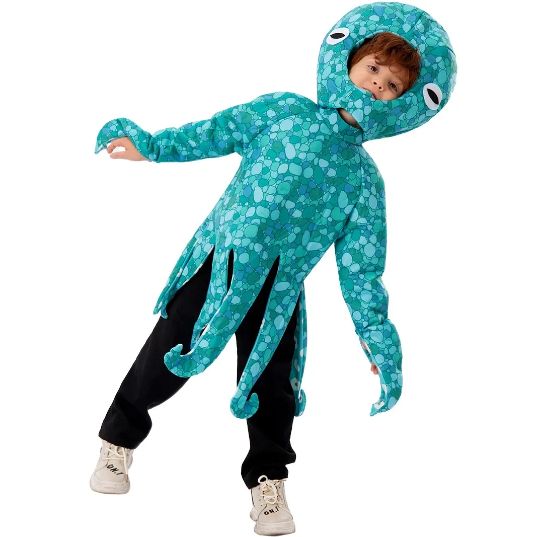 Christmas Perform Boys Girl Cute Blue Squid Role Play Costume Halloween Child Octopus Cosplay Jumpsuit Kids Hood Tunic Outfit