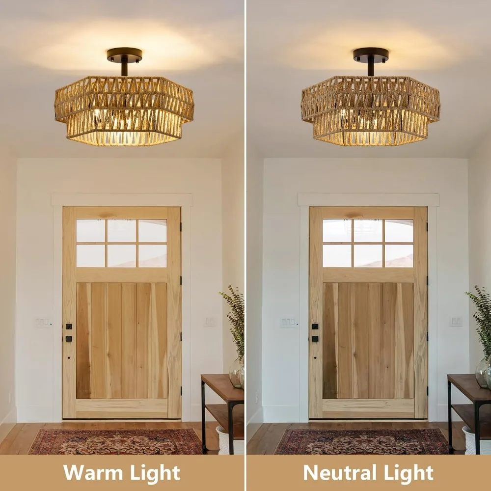 ريفي بوهو 3-Light شبه فلوش جبل تركيبات السقف مع حبل القنب المنسوج وتصميم سداسية مزدوجة #4