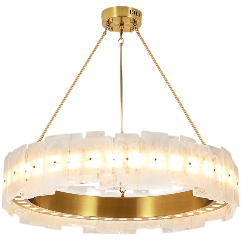 Modern Luxury Brushed Gold Round Ring Chandelier with Rectangular Natural Marble Panels for Dining Living Kitchen Decor