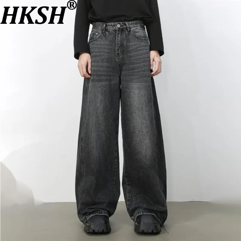 

HKSH Spring Autumn New Man Tide Jeans Trendy Washed American Retro Y2K Elegant High Street Straight Wide-Leg Denim Pants HK11531