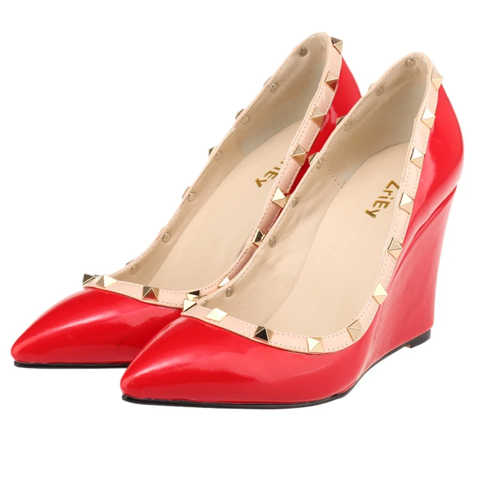 

Women Pumps 11cm Sexy Pointed Toe Rivets High Heels Wedges Platform Female Patent Leather Red Party Dress Wedding Shoes