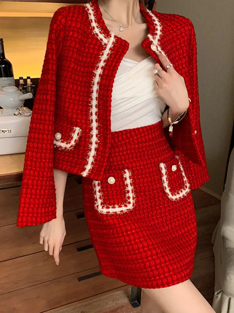 Autunno inverno moda Plaid rosso Tweed due pezzi Set donna perle monopetto frange giacche di lana cappotto + minigonna tascabile