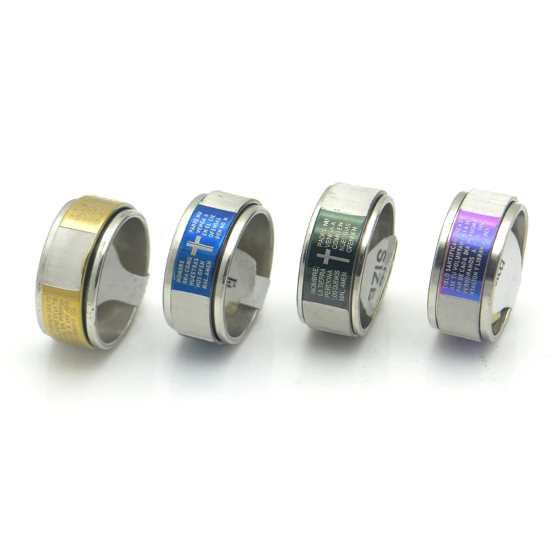 36x 10mm Cross Spanish Bible Lord's Prayer Stainless Steel Rings Catholic Christianity Fashion Religious Jewelry