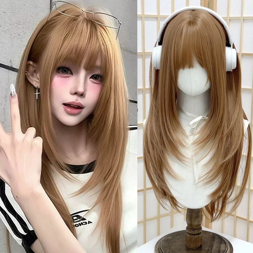 

Light Brown Synthetic Bangs Wig Long Straight Hair High-Layered Lolita Wigs for Women's Daily Cosplay Wig Heat Resistant