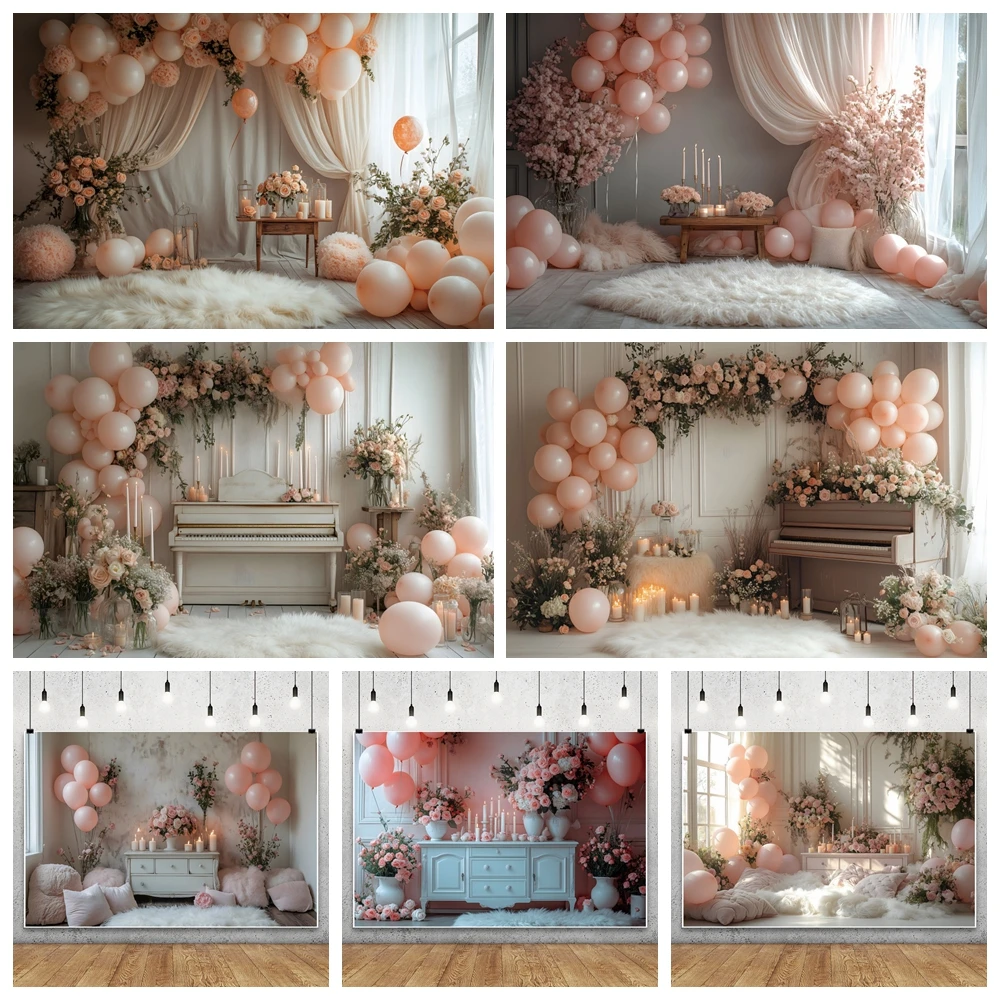 Valentine's Day Photography Background Pink Rose Flowers Balloon Candle February 14th Bridal Shower Wedding Party Photo Backdrop