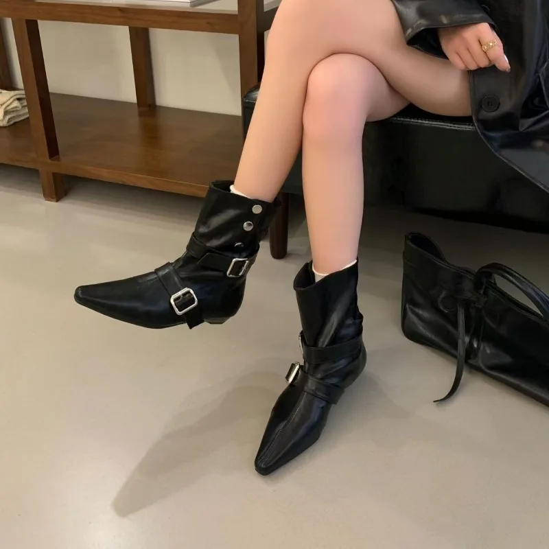 

2025 New Women's Mid-Calf Boots Low Heel Soft Leather Lined Ankle Boot Versatile Comfortable Warm Spring Autumn Shoes