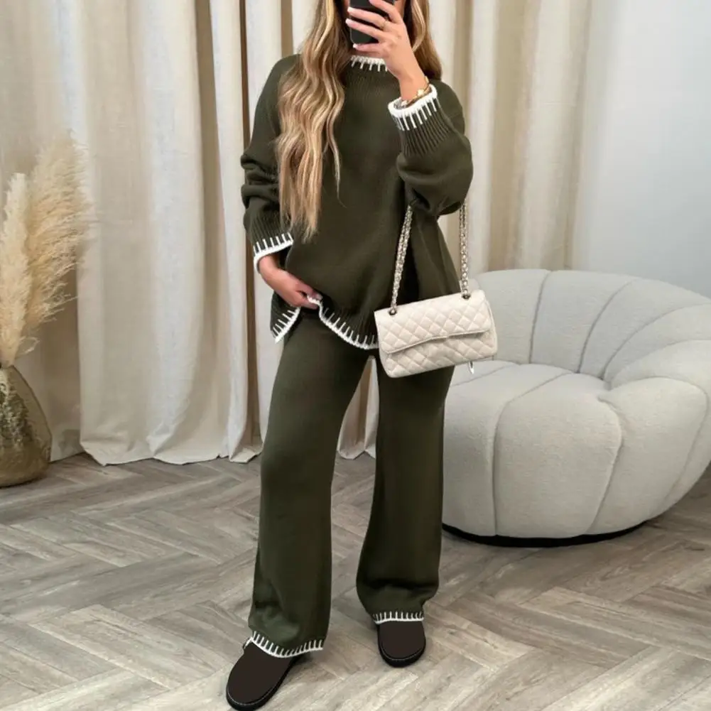 2 Pcs/Set Winter Women Sweater Pants Set Loose O Neck Long Sleeves Sweater Wide Leg Trousers Outfit Lady Homewear