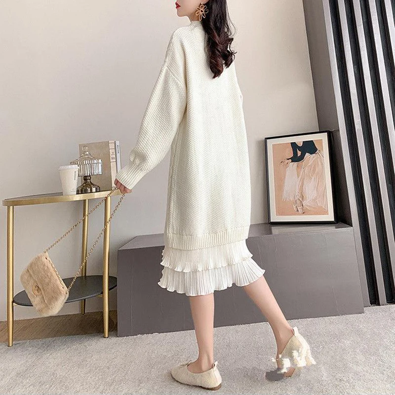 Autumn Winter Long Sleeve Sweater Dress Women Korean Ruffles Loose Knitted Dresses Woman 2023 Women\'s Mid-Length Knit Base Dress