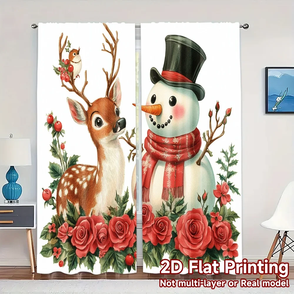 

2pcs,Curtains Cute Snowman Deer Roses (3) Light Filtering Chic Curtains Versatile Polyester Fabric Curtains Thermal Insulation,
