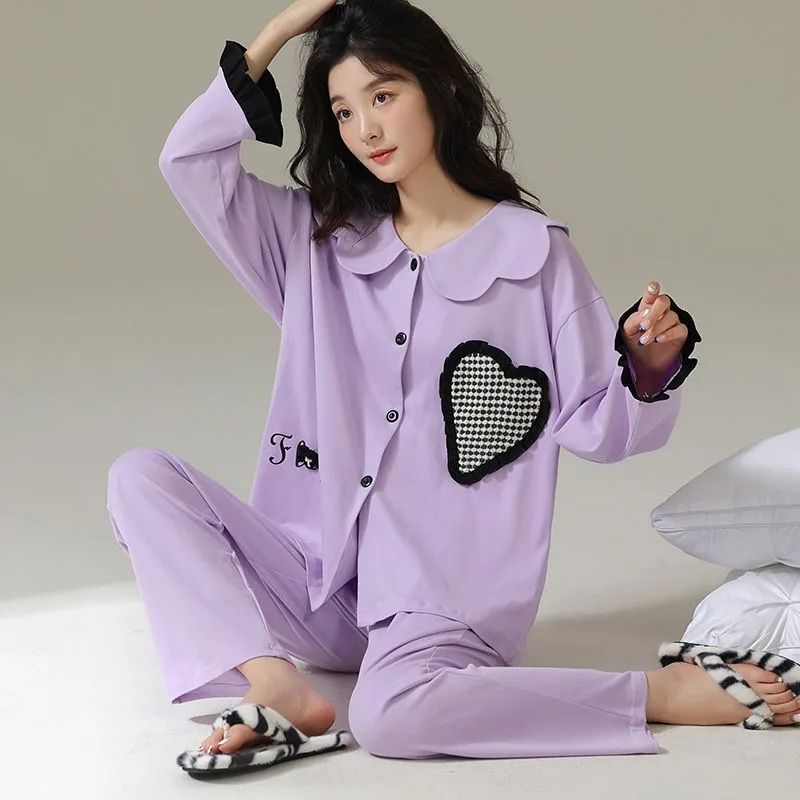 2024 New Female Pajamas Spring Autumn Women Casual Cardigan Long Sleeve Loose Cotton Sleepwear Set Simple Sweet Home Wear Suit