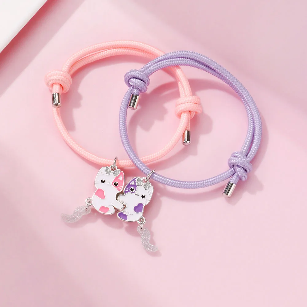 Luoluo&baby 2Pcs/set Cartoon Magnet Cats Alloy Best Friend Bracelet BFF Friendship Jewelry Gifts for Kids