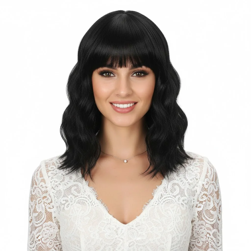 

Короткие парики-боб с челкой, синтетические, свободные кудрявые волнистые парики-боб черного цвета, длиной до плеч, для женщин и девушек, повседневные короткие волнистые цветные парики