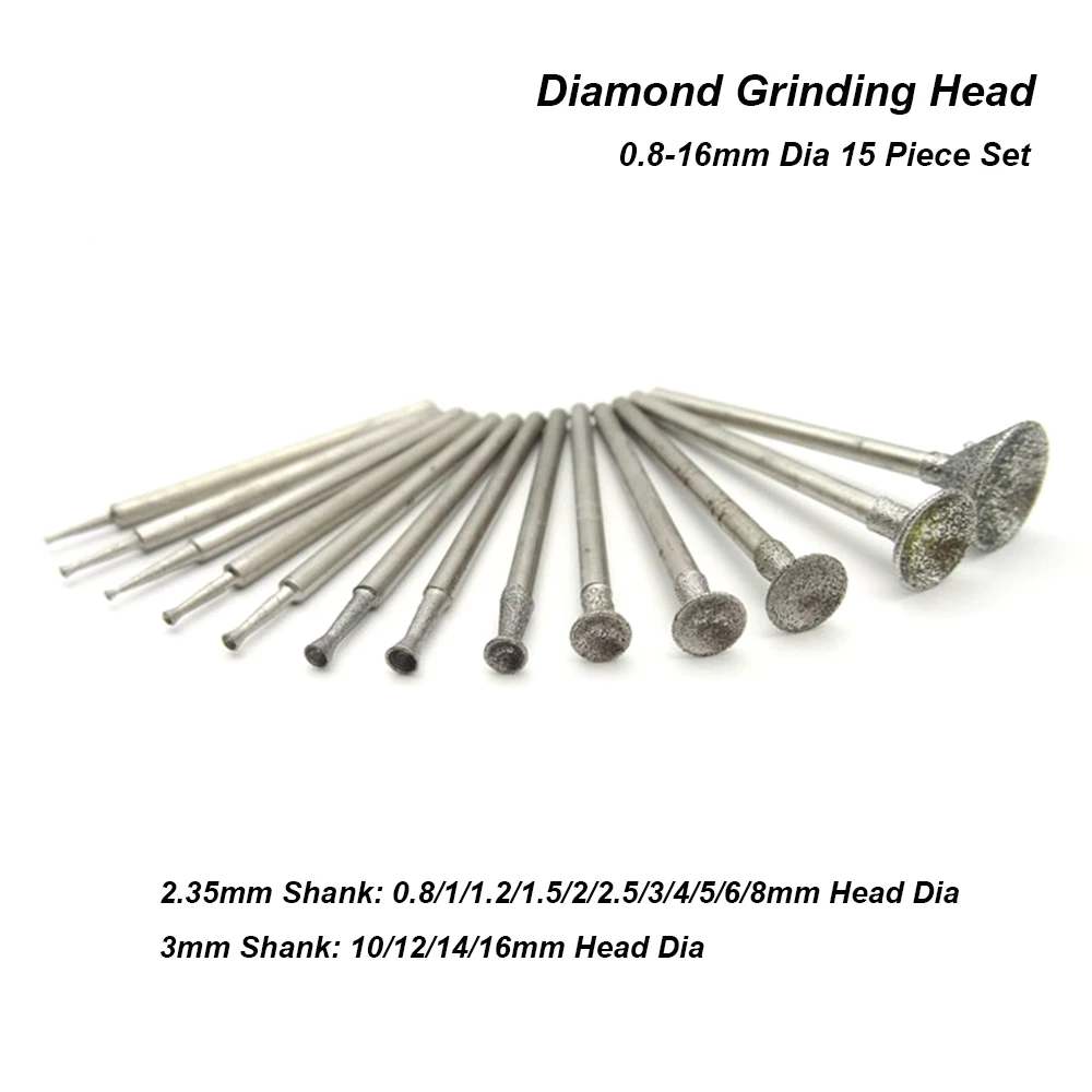 

15Pcs 0.8-16mm Flared Diamond Grinding Head Mounted Point Bits Burrs Engraving Polishing Abrasive Tool 2.35/3mm Shank for Dremel