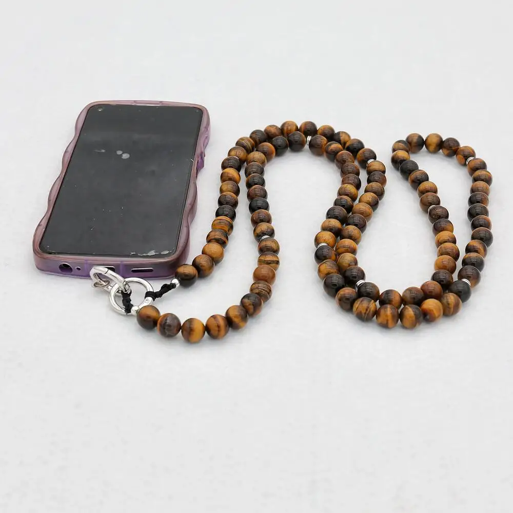 120CM Natural Tiger Eye Stone Pendant Phone Chain Neck Straps For Women Men Phone Lanyard Accessories