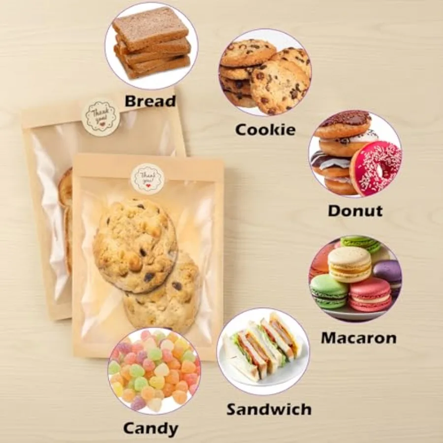 00 Pack Cookie Bags with Window, 5."x7.5" Paper Oil-proof Bakery Bags, Kraft Heat Sealable Cookie Packaging Bags for Gift Givin view 6