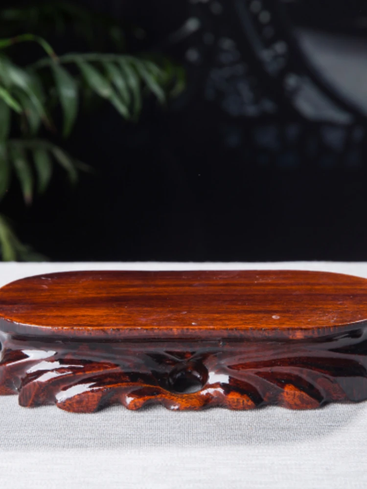 Prolate Ellipse Solid Red Wood Carving Craft Stone Head Dongming Bracket Vase Pot Buddha Statue Base