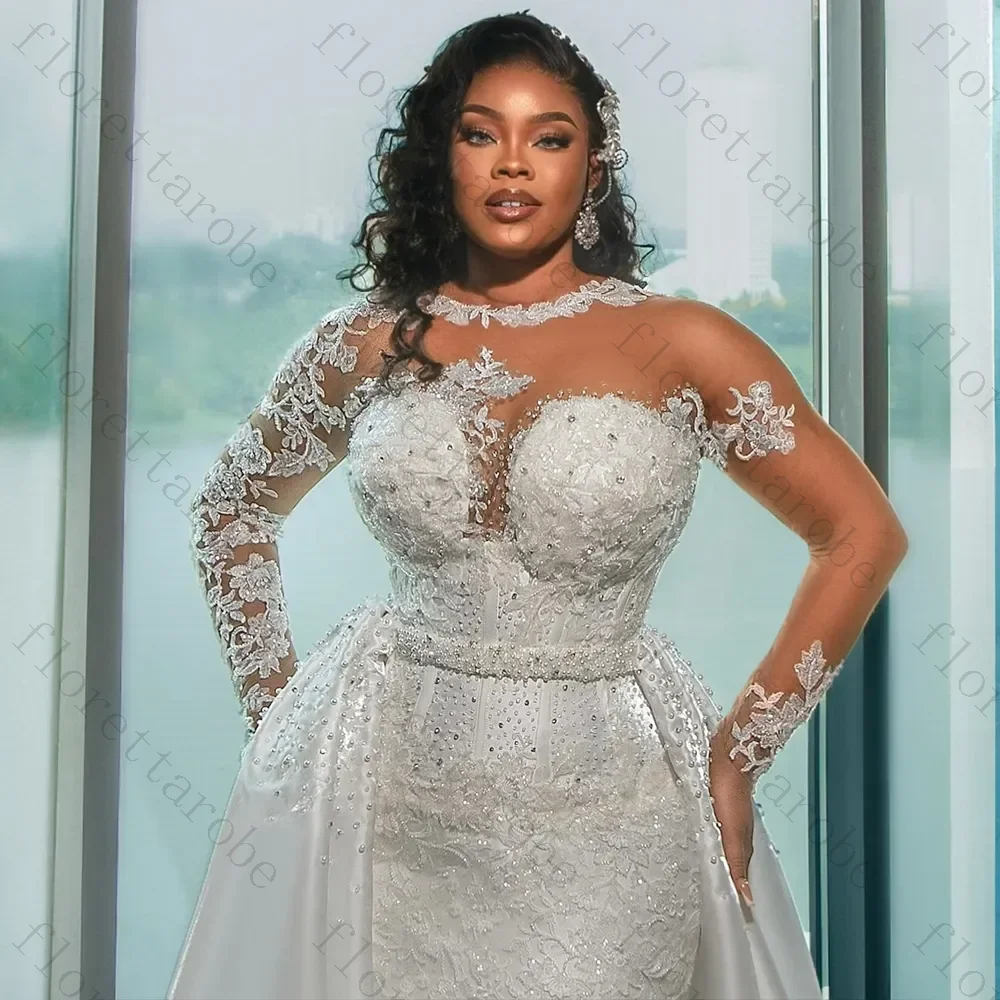 Customized Modern Sexy Mermaid Wedding Dresses Sheer Neck Lace Applique Bride Gowns Beads Long Sleeve Removable Tail Bridal Gown