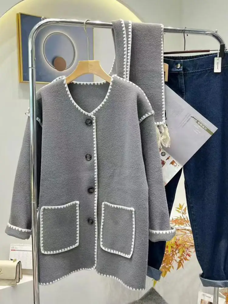 

Korean Fashion Women's Solid Long Sleeved Festival Scarf Collar Cotton Coat Autumn Winter Single Breasted Versatile Warm Jacket