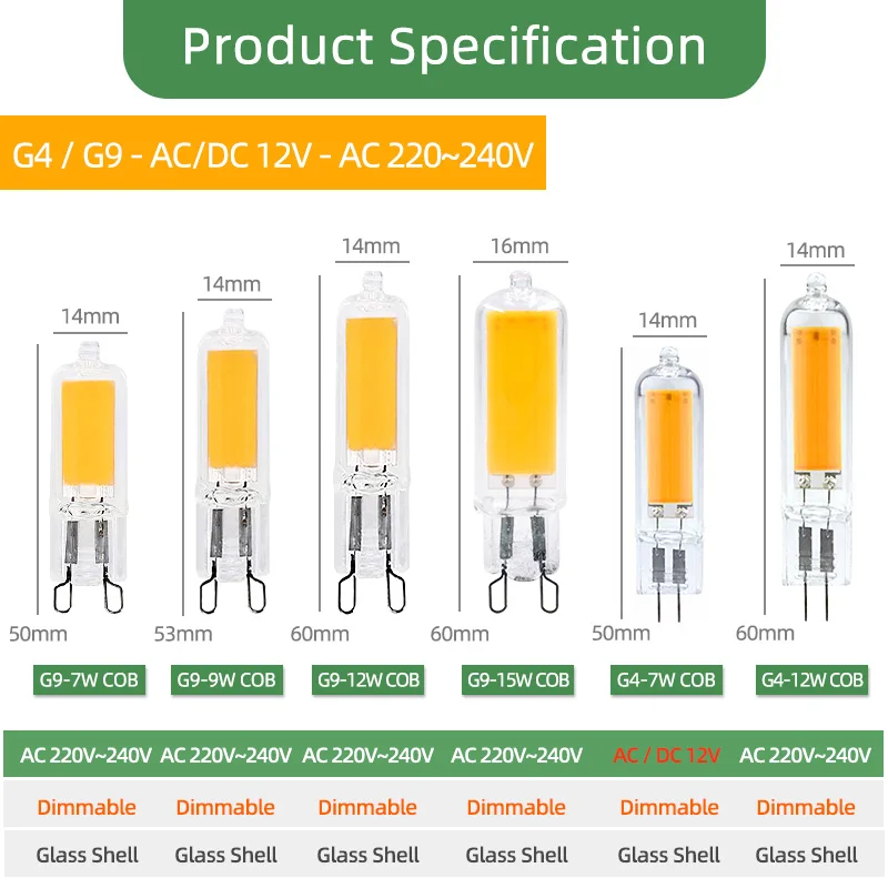 Kaguyahime-bombilla LED regulable de cerámica de alto brillo, G4, G9, E14, G4, 220V, ACDC, cc, ca, 12V, G9, 3W, 5W, 6W, 7W, 9W, 10W, 10 unidades