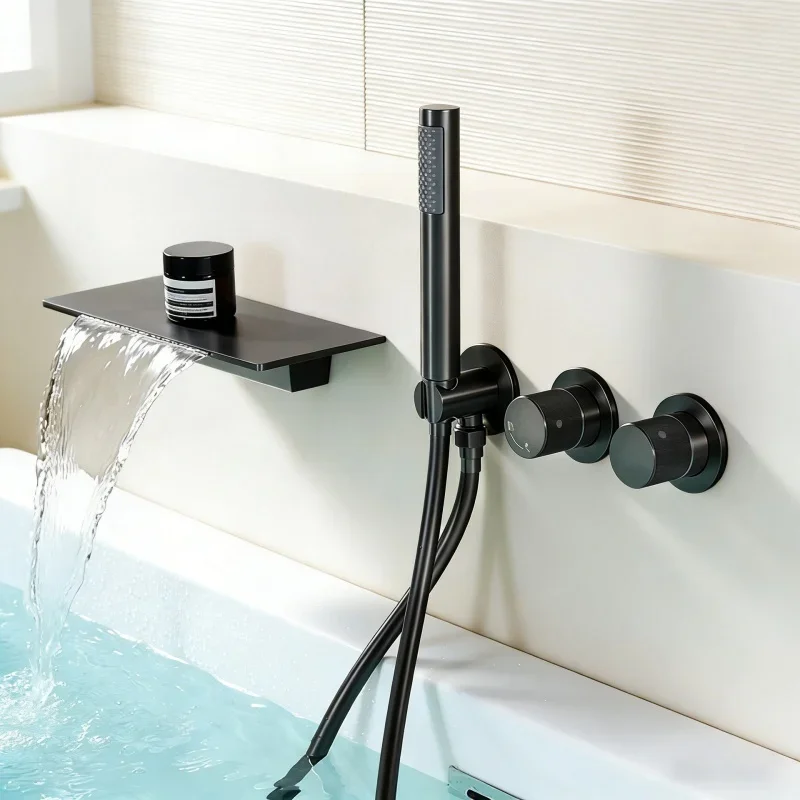Brushed Gold Bathtub Black Bathtub Set with Pull Out Shower Sprayer Deck Mounted Bathtub Faucet Gray Shower Faucet