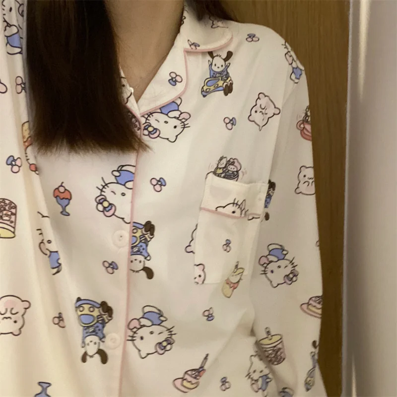 Hello Kitty-Pyjama en soie Sanurgente pour femme, ensemble 2 pièces, vêtements de détente décontractés, respirant, dessin animé, automne, nouveau