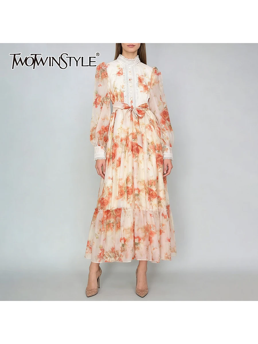 Robes élégantes pour femmes TWOTWINSTYLE, imprimé français, dentelle transparente, col montant, manches longues, patchwork, plis, robe féminine