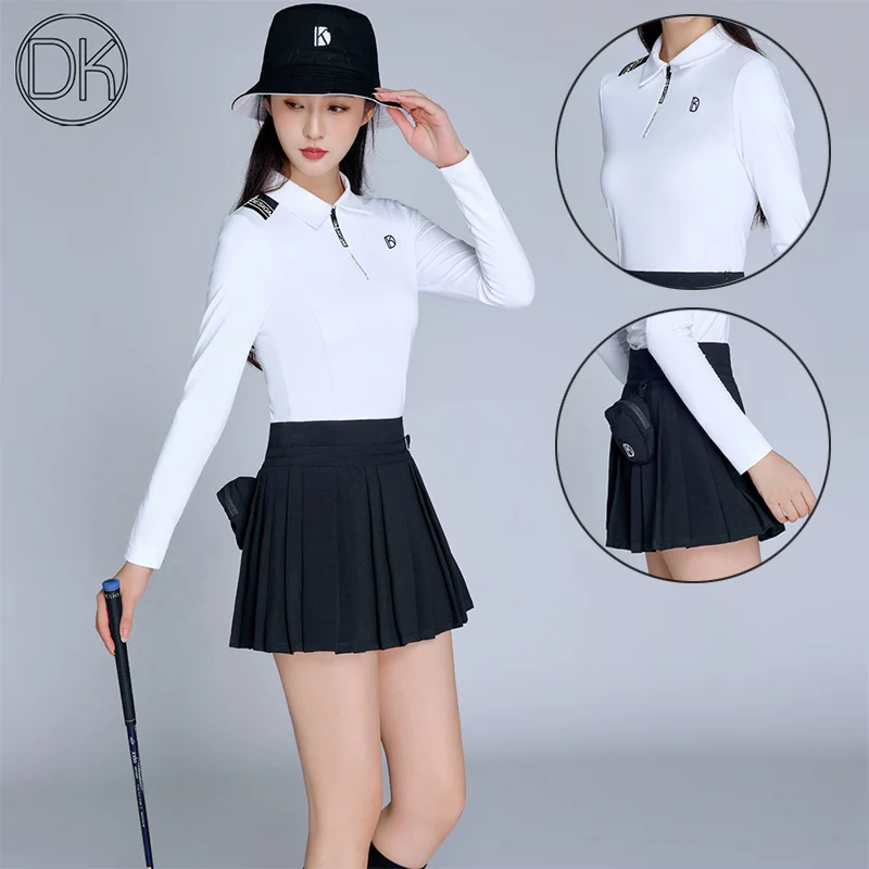 DK Women Zipper Polo Golf Shirt Slim Long Sleeve T-shirt Ladies High Waist Pleated Skirt Anti-light Golf Culottes with Small Bag