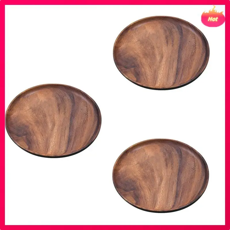 

ABYP 3X Round Solid Wood Board Whole Acacia Wood Fruit Plate Wooden Saucer Tea Plate Dessert Dinner Breakfast Plate