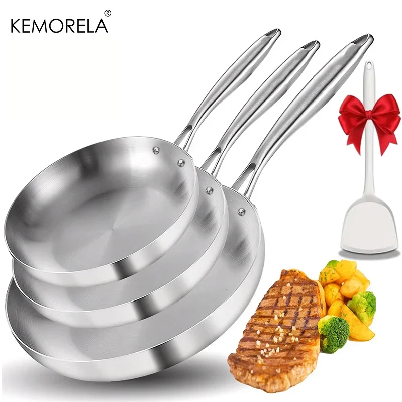 

KEMORELA 3PCS Non-Stick Frying Pan Multiple Size 304 Stainless Steel 2MM Thick Wok Pan 5-Ply Food Grade Cookware for Cooking