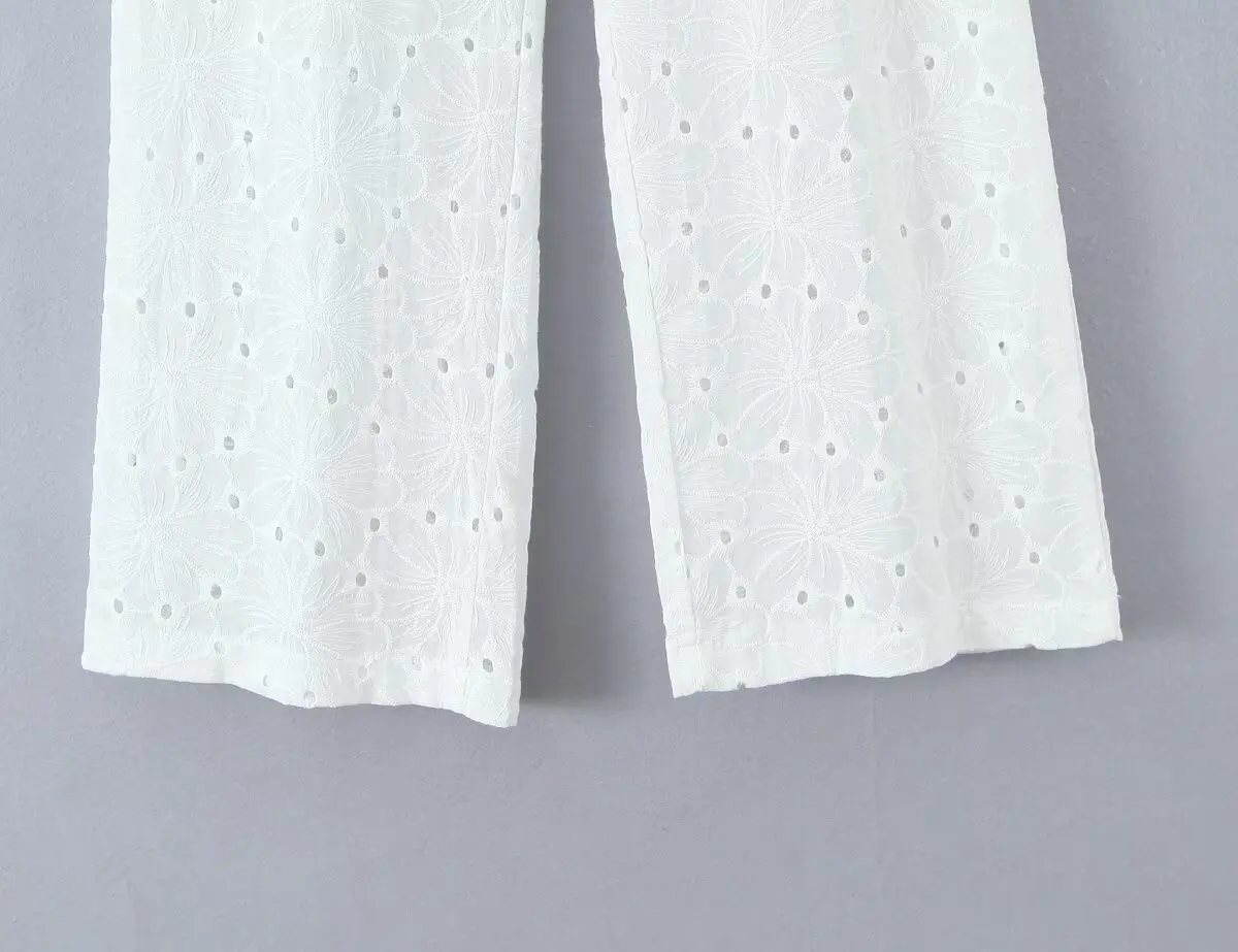 Dave&Di Summer Trousers French Country Embroidery Hollow Cotton Straight Pants High Waist Bohemian Casual Pants Women