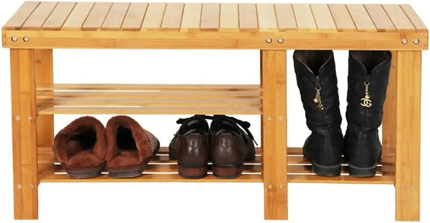 

Bamboo Shoe Ra Bench, 3-Tier Entryway Storage Organizer With Seat, Shelf For Boots,Shoe Bench Hallway Bathroom Living Room