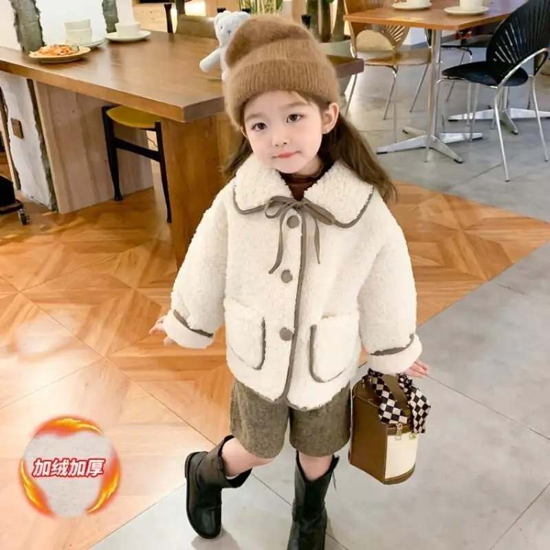 Kids Jackets for Girls Thick Korean Lamb Baby Lapel Coat 2024 Children\'s Fashion Fleece Cotton Overcoat Baby Girl Winter Clothes