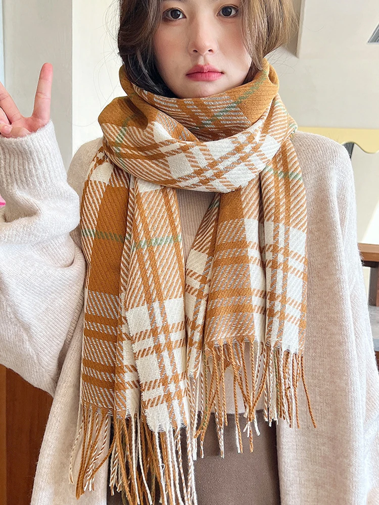 Imitation Cashmere Women Scarf Winter Ladies Preppy Style Vintage Plaid Tassel Scarve Pashmina Mujer Foulard Bufanda Wrap Shawl
