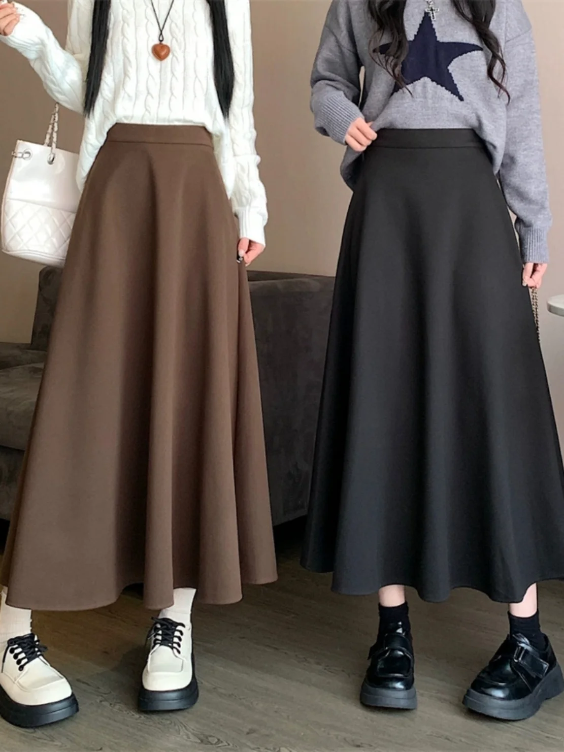 

Белая шерстяная юбка трапециевидной формы с высокой талией и широким подолом, длинная женская осенне-зимняя новая модная утягивающая юбка с эластичной резинкой на талии