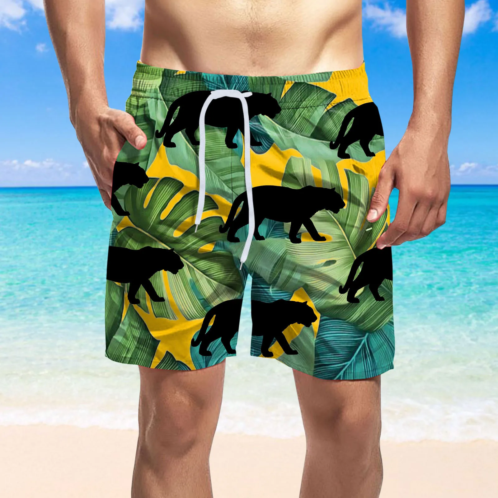 

Summer Hawaiian Casual Board Shorts Men Leaves Print Swimming Trunks Drawstring Double Pocket Shorts Beach Vacation Swimwear