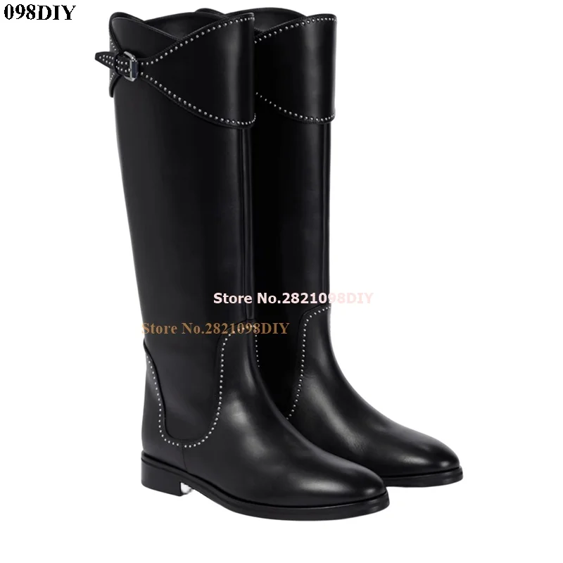 

Grey Black Leather Low Heeled Buckle Strap Crystal Knee High Boots Women Round Toe Knight Long Party Boots