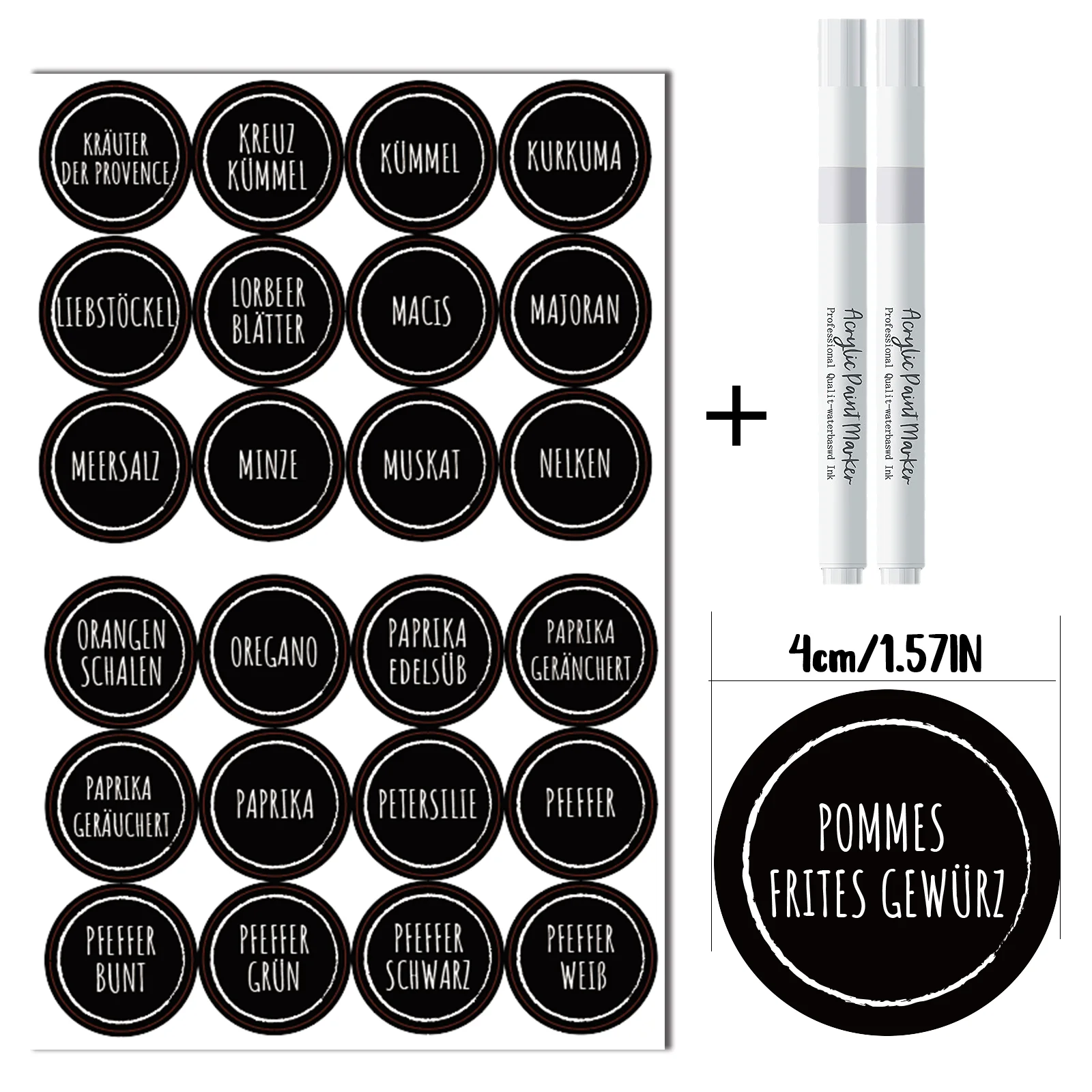 146 Uds etiqueta autoadhesiva de especias circular negra, etiqueta de taza de almacenamiento + etiqueta en blanco, incluye 2 rotuladores blancos-pegatinas de especias