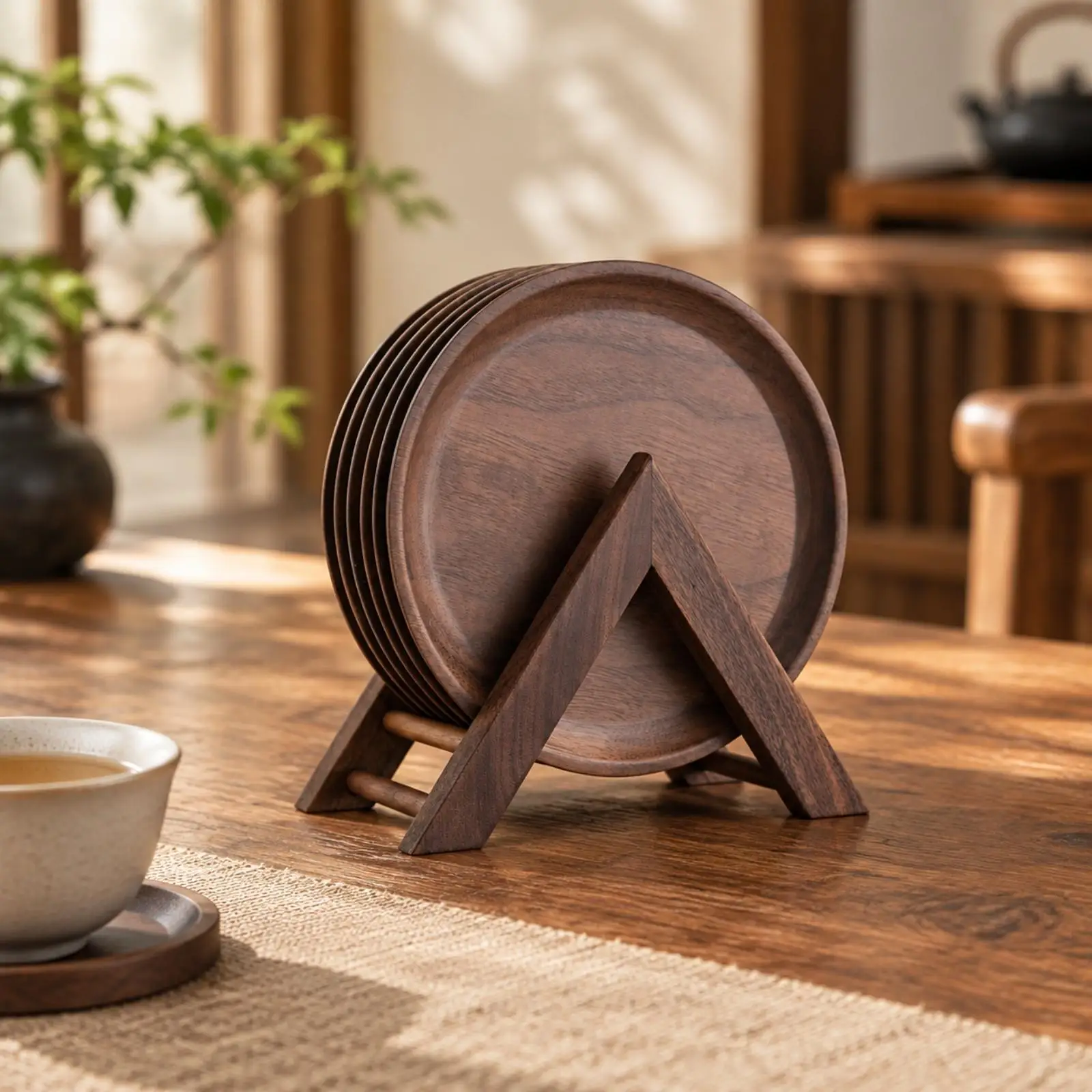 Thick Walnut Wood Insulated Coaster with Raised Rim for Spill Control Storage Stand Included for Tea Area