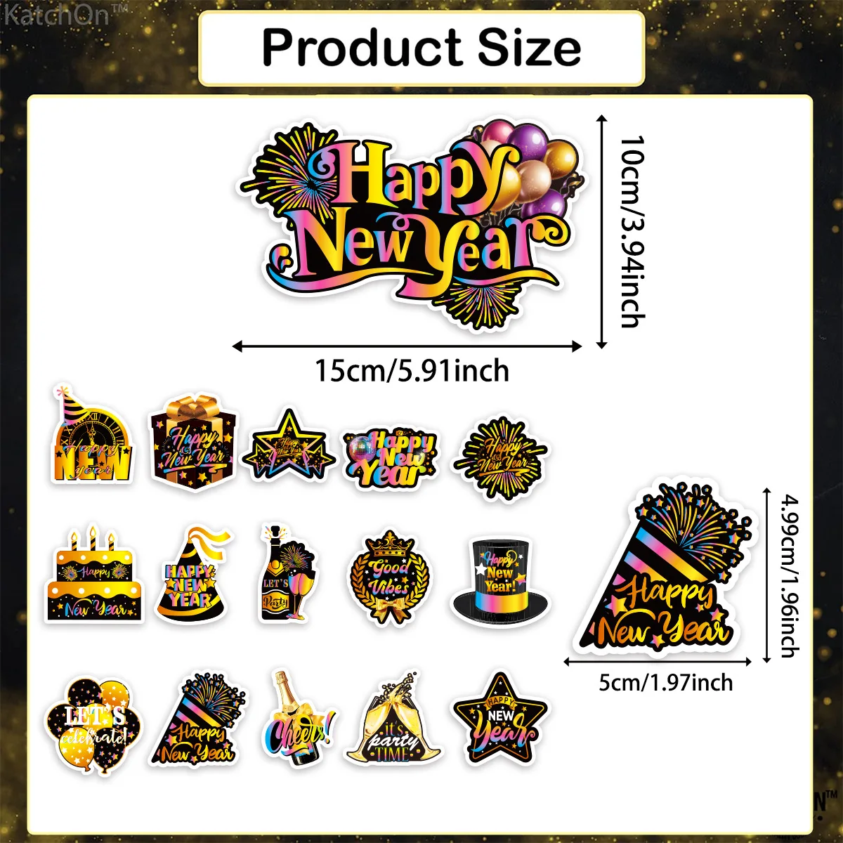 Happy New Year 2025 Banner, Black and Gold Happy New Year Cupcake Toppers Party Supplies, Hanging Bunting Party New Years