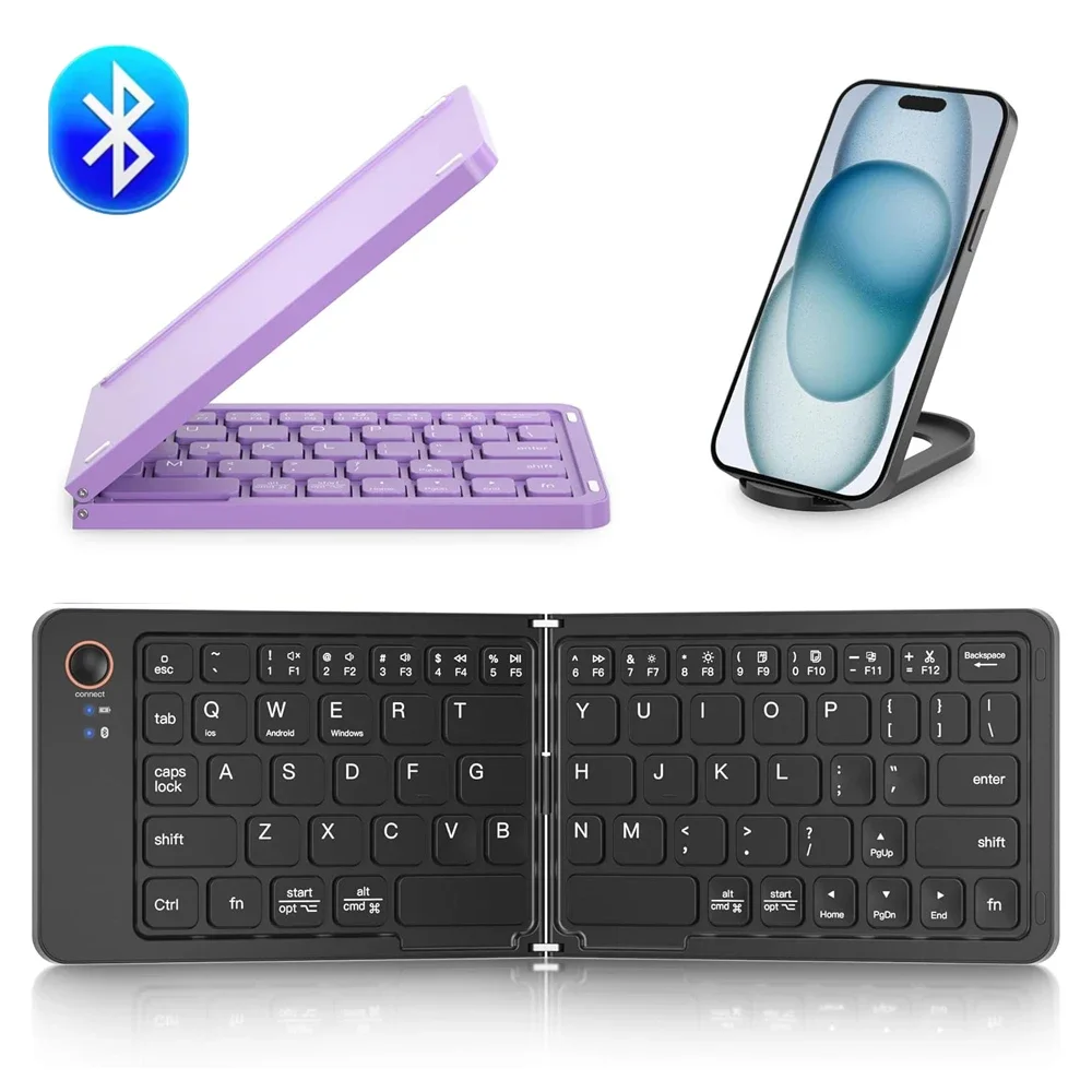 B023 Folding Keyboard, Foldable Bluetooth Keyboard with PU Leather Cover, Ergonomic Design, Tri-Device Connection, USB-C Charge