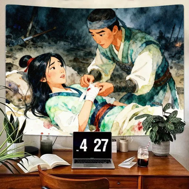 

1PC Mulan Inspired Warrior Princess Tapestry Romantic First Aid Scene Watercolor Wall Art for Bedroom Living Room Decor Gift