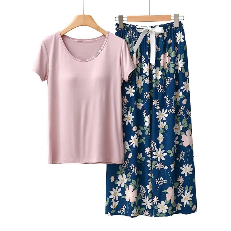 

2PCS INS Pajama Set Women Long Sleeve Pijama Mujer Femme Loose Nightwear Suit Female Casual With Chest Pad Homewear Suit