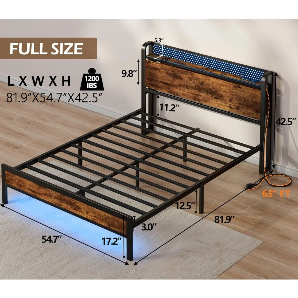 Full Bed Frame with LED Lights,Industrial Storage Headboard with Charging Station,USB Port,Under Bed Storage,Wood Platform