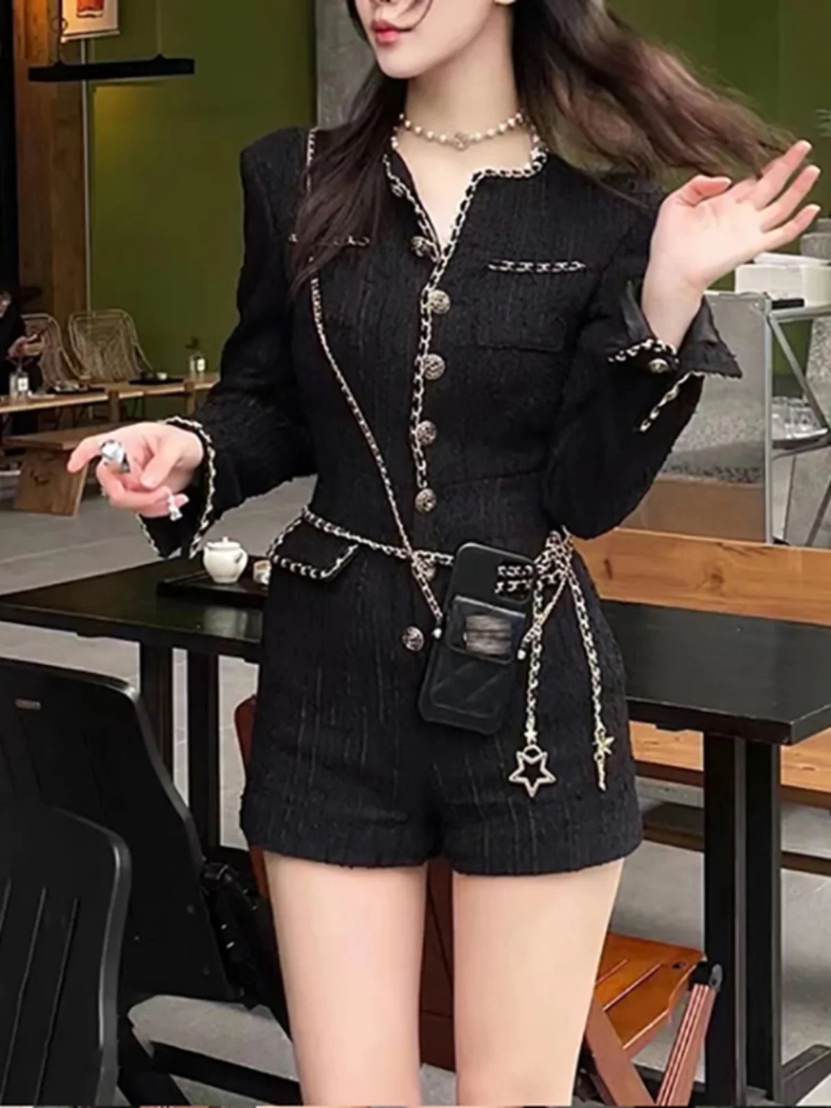 

Ele Chain Tweed Jumpsuit Women's Spring Summer Slimming Butt Covering ort Pants Faionable Commute Straight Cut Polyester