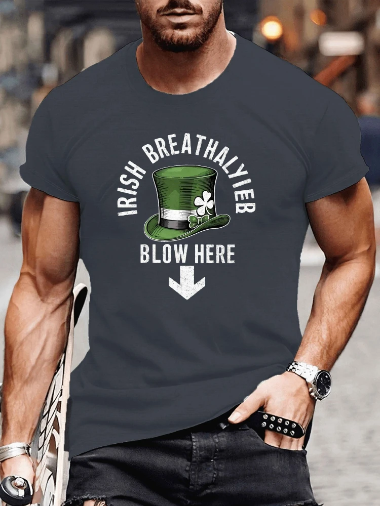 

Men's O-neck 100% short-sleeved cotton printed T-shirt in summer, geometric pattern Irish alcohol tester humorous pattern.