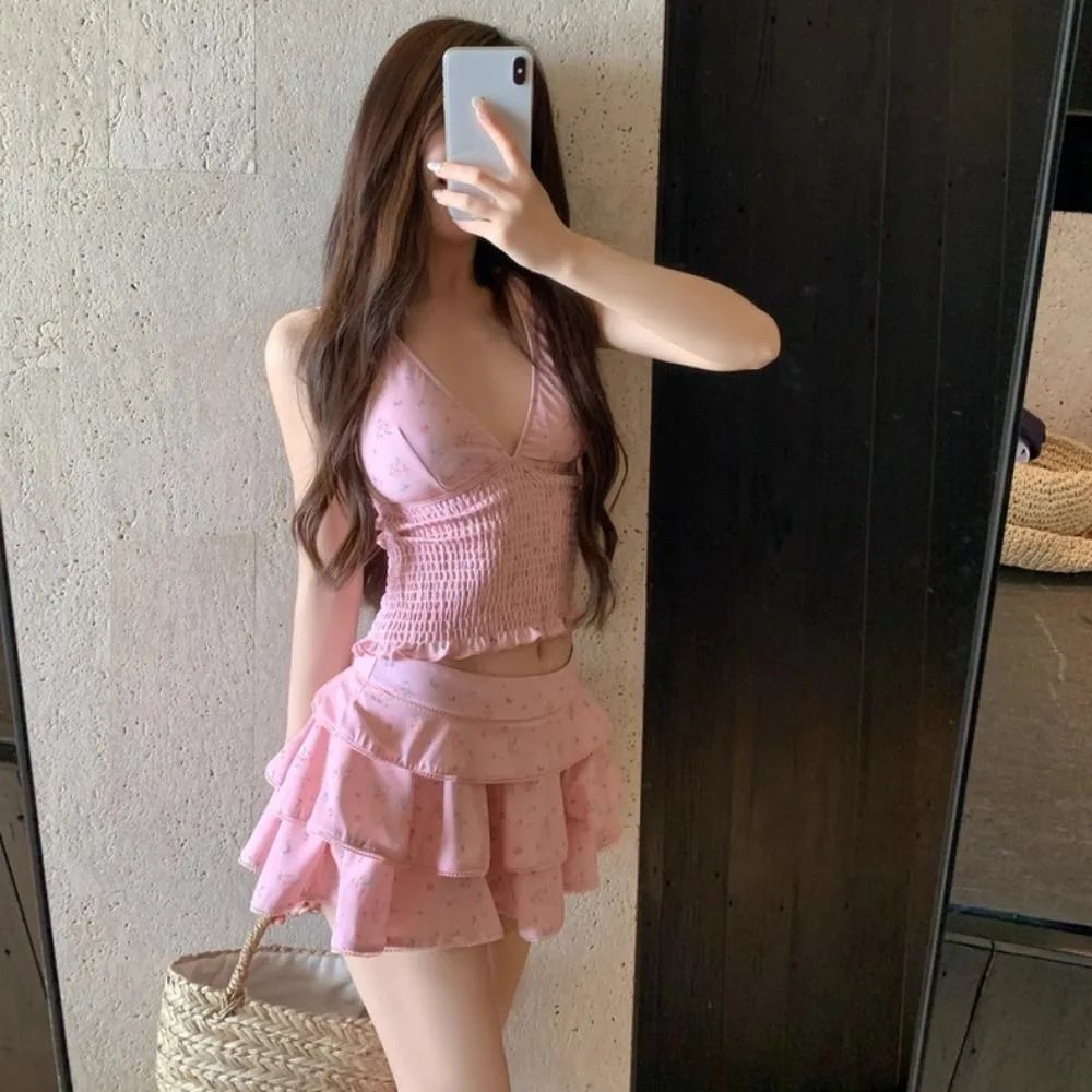 

2pcs Cute High Waisted Bikini Sets for Women Tummy Control Summer Wear Tiered Swim Skort Pink Sexy Bathing Suits Beach Vacation