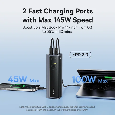 Baseus 145W Power Bank 20800mAh с быстрой зарядкой и цифровым дисплеем — фото устройства