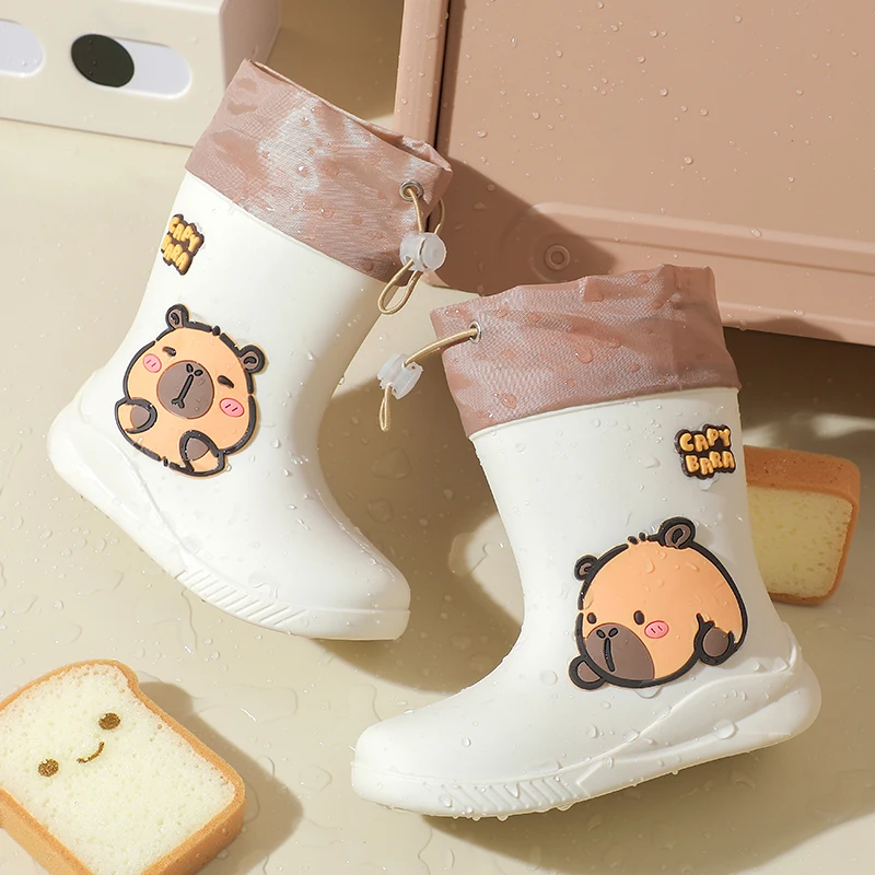 One Pair of Toddler Mid-Calf Rain Boots for Boy and Girl Comfortable Soft Sole Capybara Rubber Water Shoes Elastic Band image 3