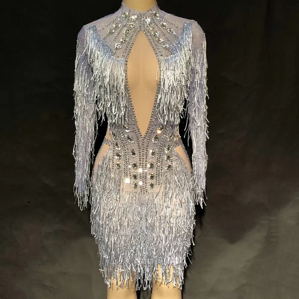 

Sparkly Rhinestone Mini Dress Glitter Fringes Women Dress Nightclub Stage Performance Costume Birthday Celebrate Party Show Wear