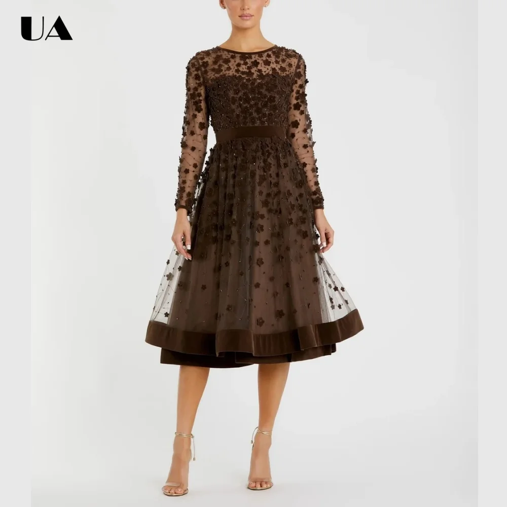ULBYANRY Exquisite Flower Midi Dress for Women Elegant Long Sleeve Cocktail Party Dress Customized Formal Wedding Guest Dress